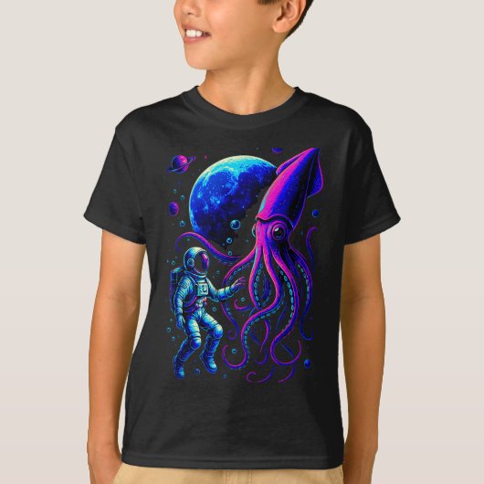 Funny Astronaut And Squid In Underwater Space With T-shirt (Voorkant)