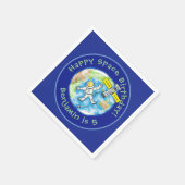 Funny astronaut met satelliet over de cartoon servet (Hoek)