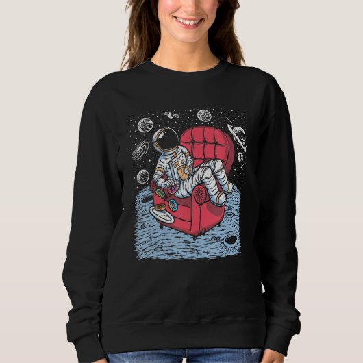 Funny Astronaut on Moon Coffee & Donuts on Sofa as Trui (Voorkant)