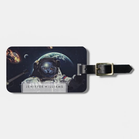 Funny Astronaut Shorthair Cat in Space Bagagelabel (Voorkant horizontaal)