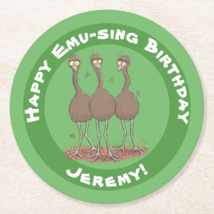 Funny Australian emu trio cartoon illustratie Ronde Kartonnen Onderzetter