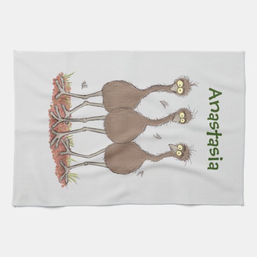Funny Australian emu trio cartoon illustratie Theedoek (Horizontaal)