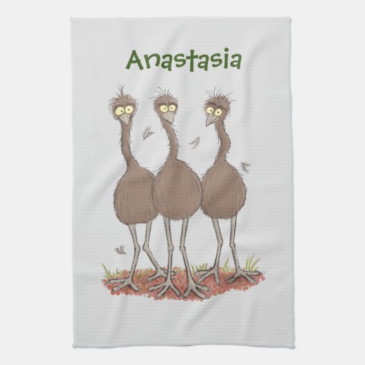 Funny Australian emu trio cartoon illustratie Theedoek (Verticaal)