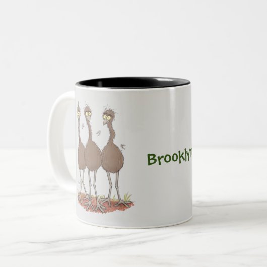 Funny Australian emu trio cartoon illustratie Tweekleurige Koffiemok (Voorkant links)