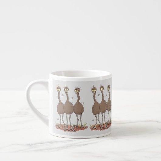 Funny Australian emu trio cartoon illustration Espresso Kop (Links)