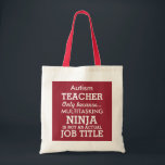 Funny Autism Special Needs Teacher Tote Bag<br><div class="desc">Deze grappige tas zegt Autism-leraar, alleen omdat Multitasking Ninja geen echte functie is. Deze tas kan gepersonaliseerd worden om speciaal leraar, onderarts of zelfs een algemeen speciaal leraar te zeggen. De achtergrond is Blauw, maar u kunt deze wijzigen door op Aanpassen te klikken. Laat me weten of je hulp nodig...</div>