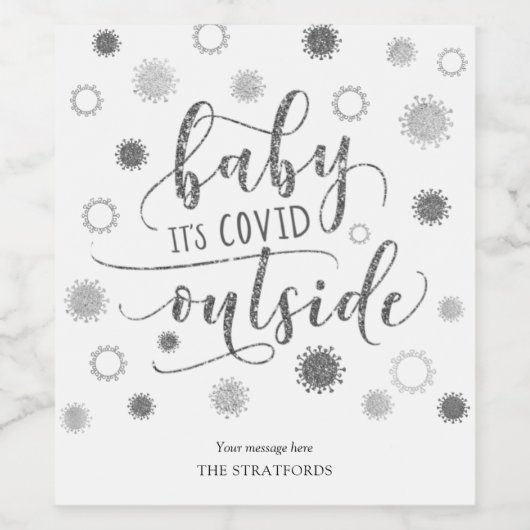Funny BABY ITS COVID BUITEN Script Silver Glitter Wijn Etiket (Enkel label)