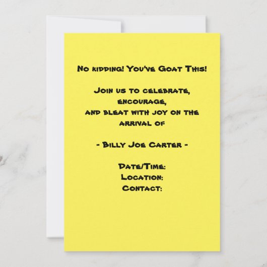 Funny Baby shower Goat Invitation Kaart (Achterkant)