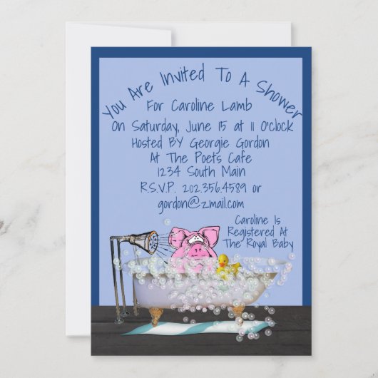 Funny Baby shower Invitation W/Pig Showering Kaart (Voorkant)