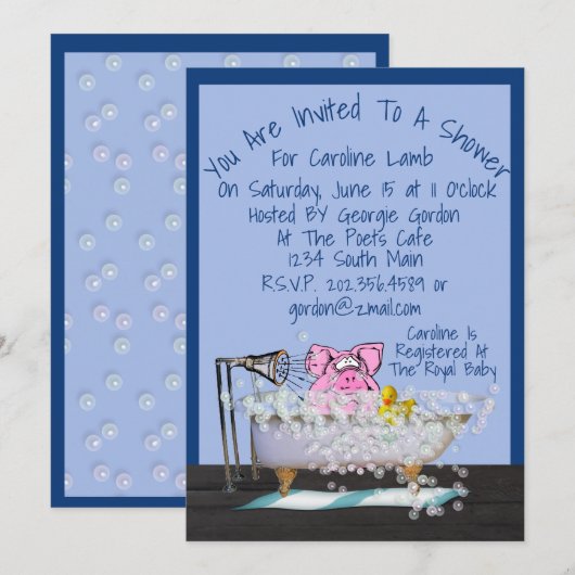 Funny Baby shower Invitation W/Pig Showering Kaart (Voorkant / Achterkant)