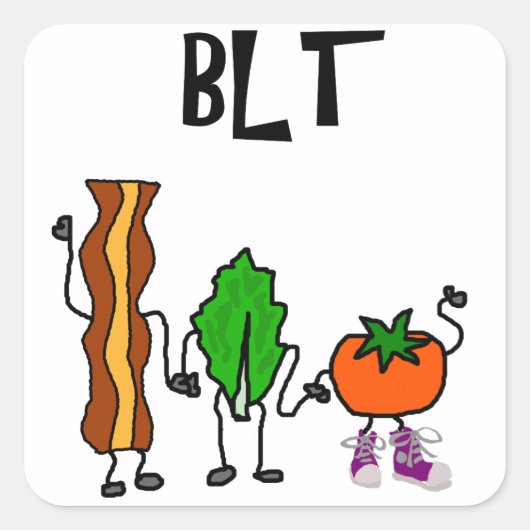 Funny Bacon, Lettuce en Tomato Cartoon Vierkante Sticker (Voorkant)