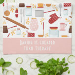 Funny Baking Gezegde Modern Kitchen Pink Theedoek<br><div class="desc">Het grappige Gezegde Moderne keukenhanddoek met keuken en roze keukenhanddoek bevat een kleurrijk keukenthematroon met de bewerkbare tekst "Baken is goedkoper dan therapie" in moderne scripttypografie. Ideaal geschenk voor mensen die graag in de keuken bakken, koken en in de keuken zijn voor kerst, verjaardag, Moederdag en voor hen die graag...</div>