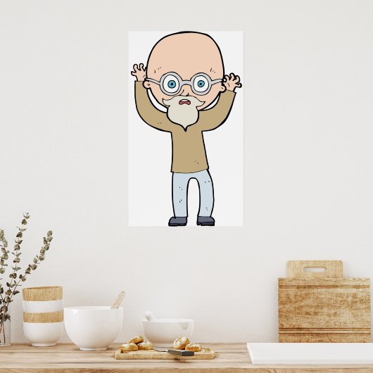Funny Bald Quirky Old Man with Beard Poster (Keuken)