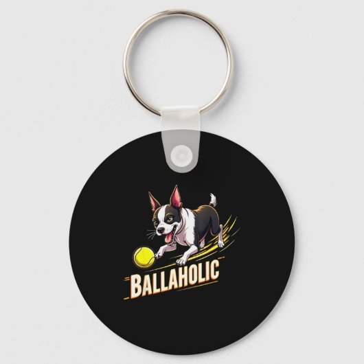 Funny Ballaholic Boston Terrier Dog Chasing Bostie Sleutelhanger (Voorkant)