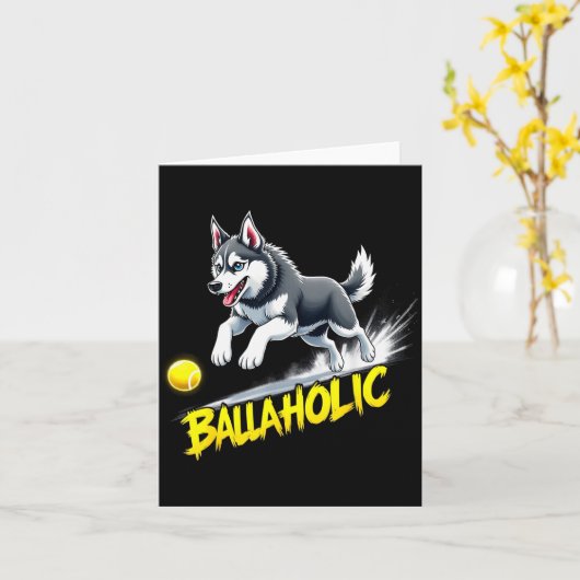 Funny Ballaholic Siberian Husky Dog Chasing Ball  Kaart (Gele Bloem)