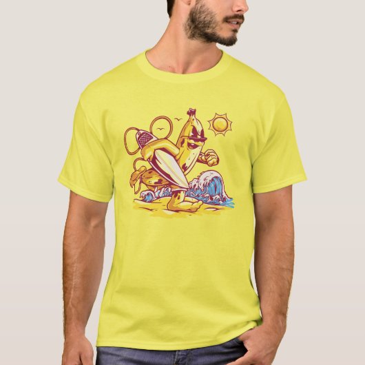 Funny banana die op het strand surft t-shirt (Voorkant)