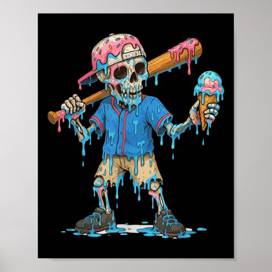 Funny Baseball Skeleton Ice Cream Drip Baseball Bo Poster (Voorkant)