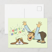 Funny Basset en Man vieren Cartoon van nieuwe jare Briefkaart (Voorkant / Achterkant)