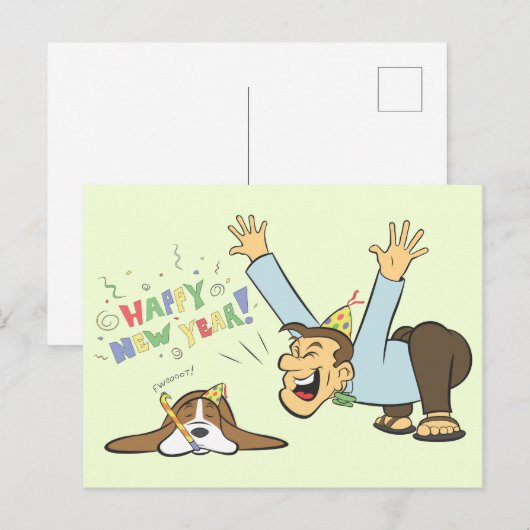 Funny Basset en Man vieren Cartoon van nieuwe jare Briefkaart (Voorkant / Achterkant)