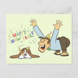 Funny Basset en Man vieren Cartoon van nieuwe jare Briefkaart