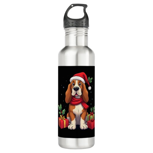 Funny Basset Hound Dog Christmas Outfits Santa Hat Waterfles (Voorkant)