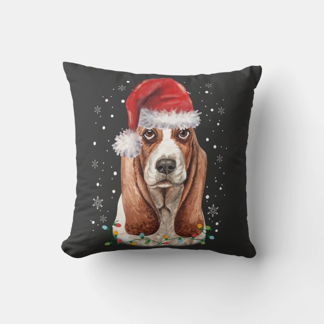 Funny Basset Hound Dog kerstsanta hat Lights Kussen (Voorkant)