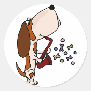Funny Basset Hound Dog-speelsaxophone Ronde Sticker