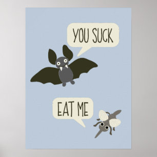 Funny Bat en Mosquito Cartoon Light Blue Poster