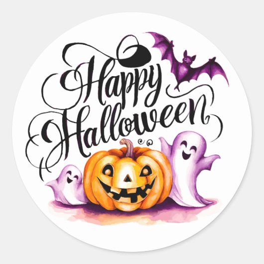 Funny Bat Ghosts and Pumpkin Happy Halloween Ronde Sticker (Voorkant)