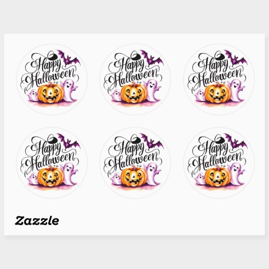Funny Bat Ghosts and Pumpkin Happy Halloween Ronde Sticker (Vel)
