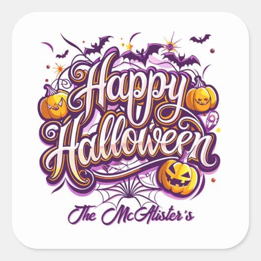 Funny Bats and Pumpkins Happy Halloween Vierkante Sticker (Voorkant)