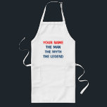 Funny BBQ apron voor mannen | De man mythe legende Lang Schort<br><div class="desc">Funny BBQ apron voor mannen met grappig citaat | Het man de mythe van de legende. Cute gift idee voor vader op vaderdag. tekst. Maak er een voor je vader, man, opa, broer, enz. Voeg jouw naam toe. Blauwe en rode kleur. Barbeque heeft een witte beige en gele grootte kort...</div>