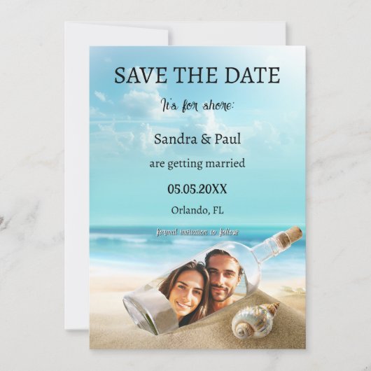 Funny Beach Bottle Wedding Save the Date Card (Voorkant)