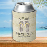 Funny Beach Bum Teenslippers Retro  Blikjeskoeler<br><div class="desc">Deze koelbox met strandthema heeft een grijs flip-flop-ontwerp tegen een faux burlap / houtnerf achtergrond en "officiële" tekst van de strandzwerver. Voeg onderaan je eigen naam, strandnaam of aangepaste tekst toe. Perfect voor die luie dagen op het strand of als aandenken voor uw volgende tropische paradijselijke vakantie. Bekijk meer geschenken...</div>