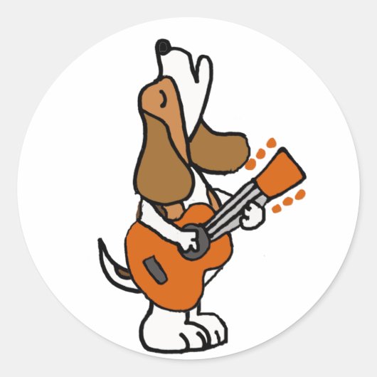 Funny Beagle Dog Singing and Palling Guitar Ronde Sticker (Voorkant)