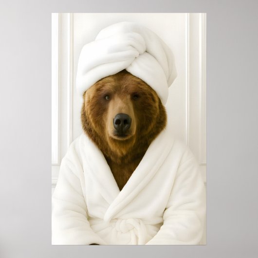 Funny Bear Bathroom Print, Bear In Bathrobe Poster (Voorkant)