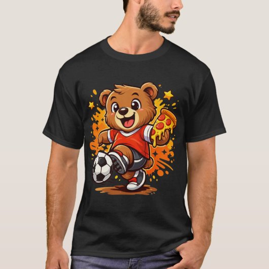 Funny Bear Playing Soccer Eating Pizza T-shirt (Voorkant)