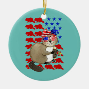 Funny Beaver American Flag Beaver Lover 4th of Keramisch Ornament