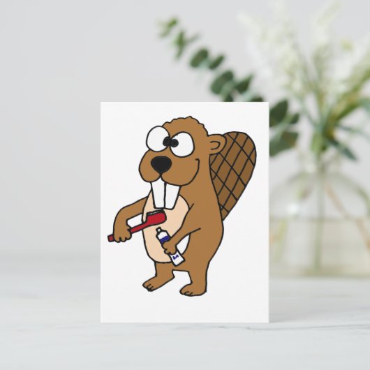 Funny Beaver Brushing Teeth Cartoon Briefkaart (Staand voorkant)