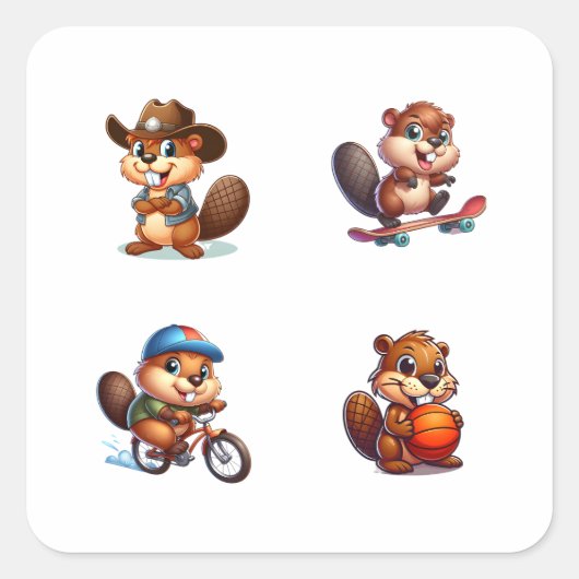 Funny Beaver Cartoon Karakter 4 Pack Stickers (Voorkant)