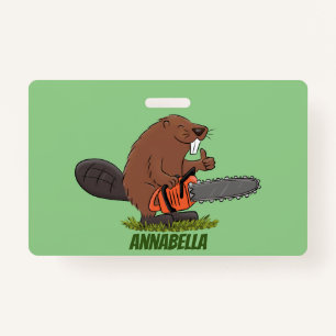 Funny beaver met kettingzaag cartoon humor badge