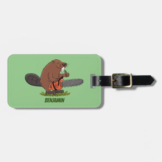 Funny beaver met kettingzaag cartoon humor bagagelabel (Voorkant horizontaal)