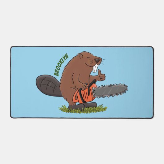 Funny beaver met kettingzaag cartoon humor bureaumat (Voorkant)