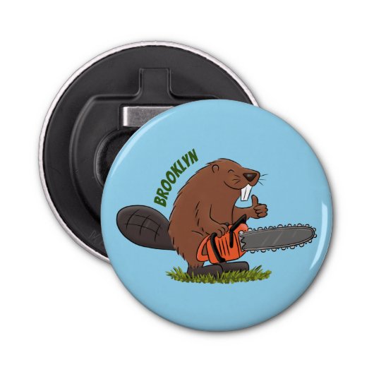 Funny beaver met kettingzaag cartoon humor button flesopener (Voorkant)