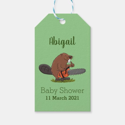 Funny beaver met kettingzaag cartoon humor cadeaulabel (Voorkant)