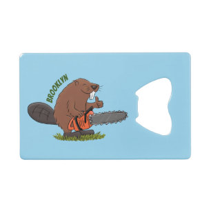 Funny beaver met kettingzaag cartoon humor creditkaart flessenopener