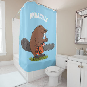 Funny beaver met kettingzaag cartoon humor douchegordijn