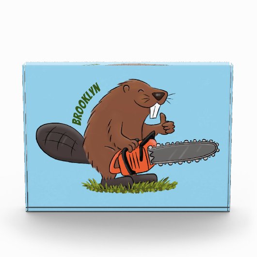 Funny beaver met kettingzaag cartoon humor fotoblokken (Voorkant)