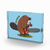 Funny beaver met kettingzaag cartoon humor fotoblokken (Rechts)