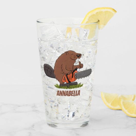 Funny beaver met kettingzaag cartoon humor glas (Achterkant ijs)